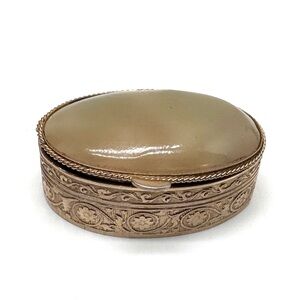 Vintage Busa Decorative Brass and Agate Stone Pill Box Trinket Snuff Box Italy